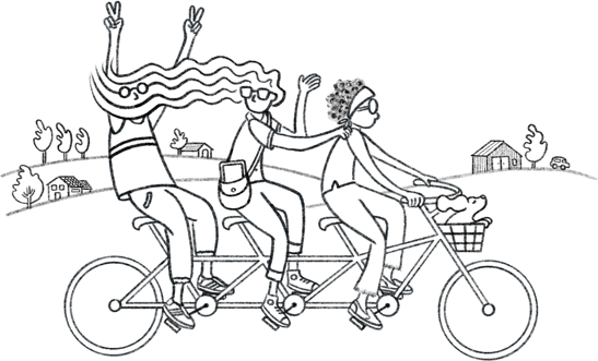 Three friends on a tandem bike